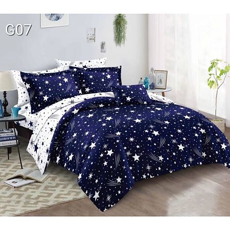 Lenjerie de pat, 2 persoane, Poly G07, microfibra 100%, 4 piese, alb-bleumarin, model stele