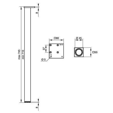 Set picioare de masa Teko, aluminiu, patrat, 4 bucati, 710 x 50 mm