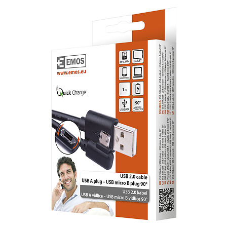 Cablu USB Emos lateral 2.0 A/M-MICRO B/M, negru, 1 m