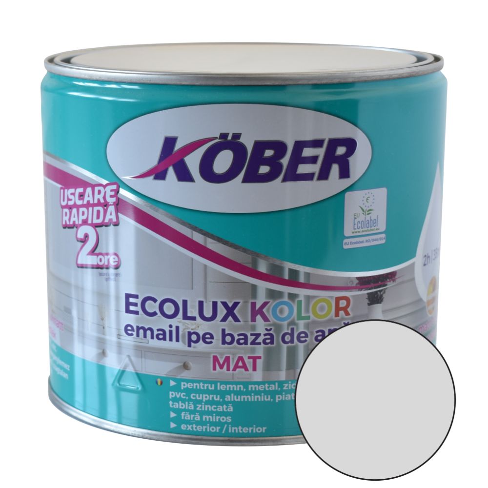 Email Kober Ecolux, pentru lemn/metal, interior/exterior, pe baza de apa, mat, gri deschis, 2.5 l 2.5