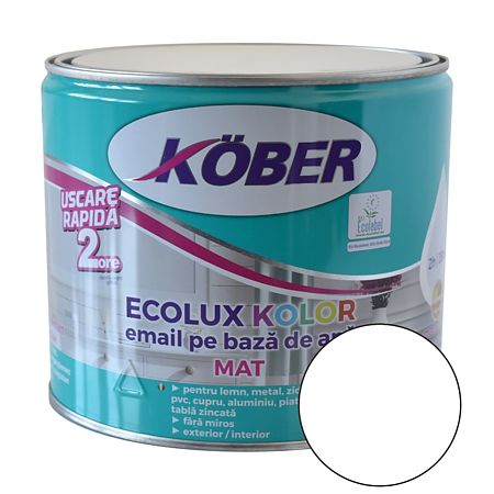 Email Kober Ecolux Kolor, pentru lemn/metal, interior/exterior, pe baza de apa, alb mat, 2.5 l