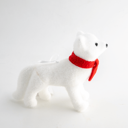 Decoratiune iarna catel cu fular, alb si rosu, 11.5 cm