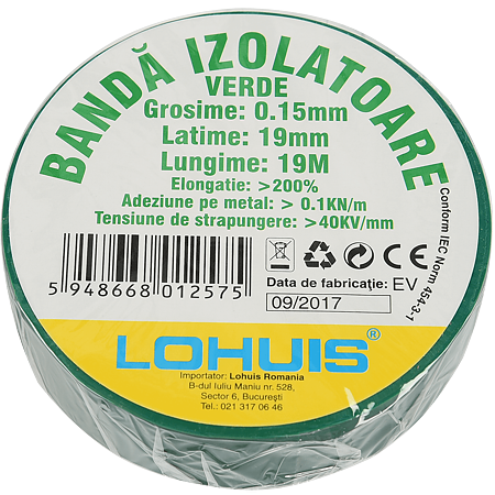 Banda izolatoare electrica PVC Lohuis, verde, 19 mm, rola 10 m