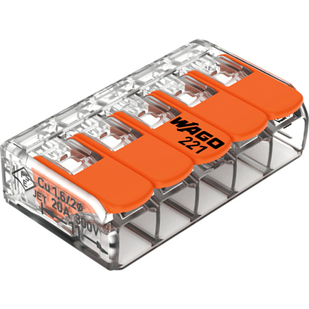 Conector imbinare cu parghii Wago Push Wire 221-413, pentru conductori unifilari, 5 x 4 mmp, 30 A, transparent, 8 bucati Conector imbinare cu parghii Wago Push Wire 221-413, pentru conductori unifilari, 5 x 4 mmp, 30 A, transparent, 8 bucati