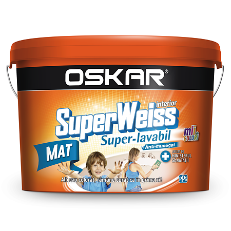 Vopsea lavabila pentru interior Oskar SuperWeiss cu ioni de Ag, 8,5L