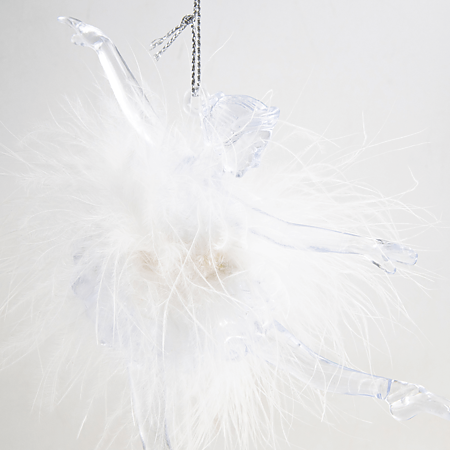 Decoratiune balerina transparenta, fusta cu pene albe, 15 cm