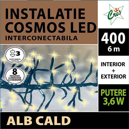 Instalatie sir cluster, 400 led, alb cald, cu joc, 6 m+3 m cablu alimentare , interior/exterior, transformator IP44