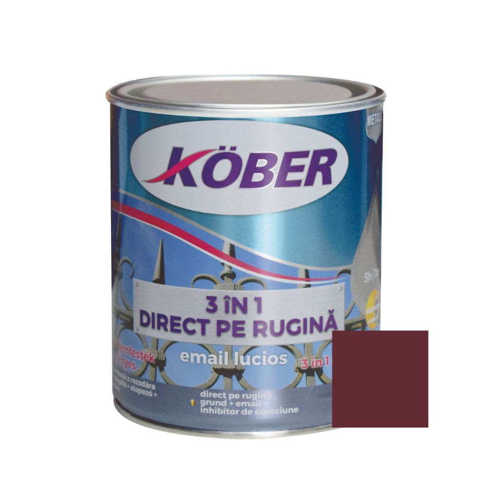 Vopsea alchidica/email  pentru metal Kober 3 in 1, interior / exterior, rosu vin, 0,75 L 075