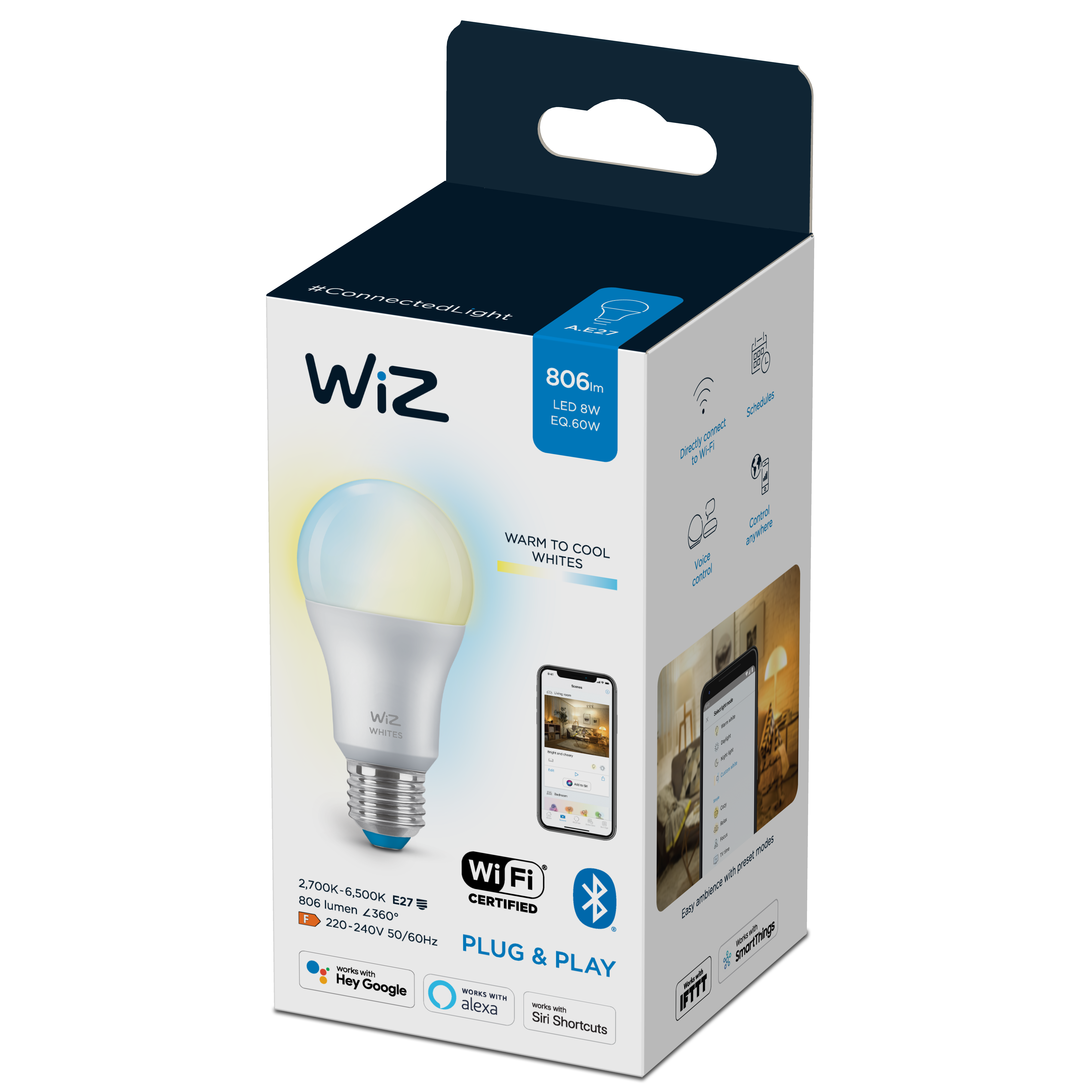 Bec LED, glob, E27, 60 W, 806 Im, 2700k-6500k, cu WIFI Wiz Connected Light, inaltime 122 mm, diametr