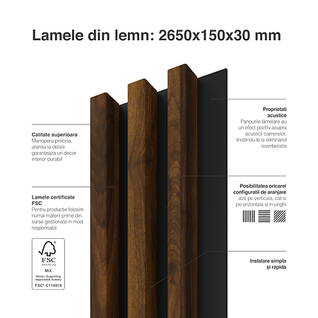 Panou decorativ Linea Slim, 3 lamele, MDF, maro alun/negru, interior, 265 x 15 cm