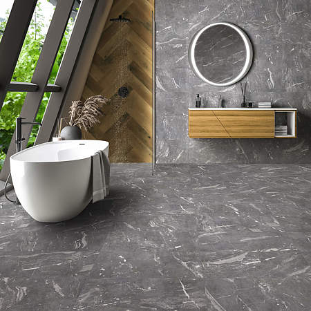 Gresie interior/exterior Cesarom Etna, portelanata, rectificata, gri, mat, decor piatra, clasa aderenta R10, PEI 4, 60 x 30 cm