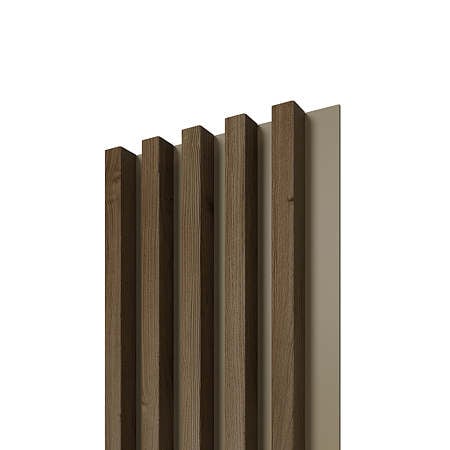 Panou decorativ Linea Comfort, 5 lamele, decor pin tobaco, maro si gri, suport placaj casmir, interior, 265 x 24,6 x 3 cm