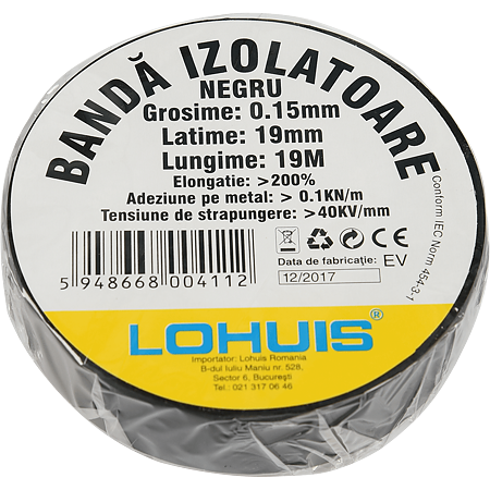 Banda izolatoare electrica PVC Lohuis, negru, 0.15 x 19 mm, rola 10 m
