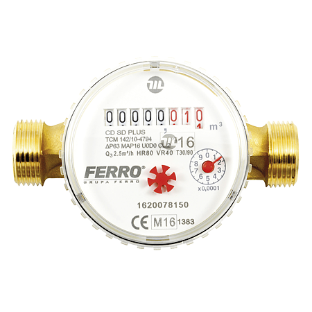 Contor pentru apa Ferro CDSD15ACPLUS, cu racorduri filetate 1/2 inch, D 15 mm