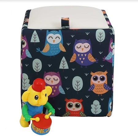 Taburet Box piele ecologica, microfibra, albastru/alb, cu depozitare, 37 x 37 x 42 cm