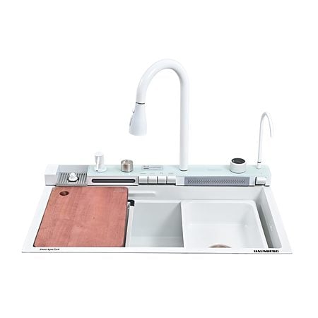 Set chiuveta multifunctionala HAUSBERG HBC-9955AB, otel inoxidabil, baterie dubla, alb, cuva perforata fructe/legume, cuva universala cu dop scurgere, tocator, 750x460x220 mm, accesorii incluse