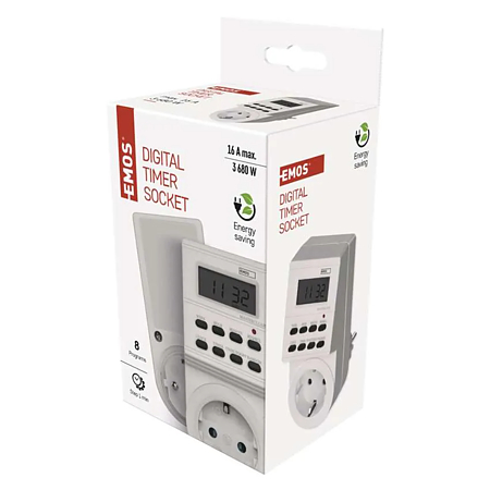 Priza digitala programabila Emos P5521 TS-ED1, 16A, maxim 3680 W, IP20, 130 x 57 x 87 mm