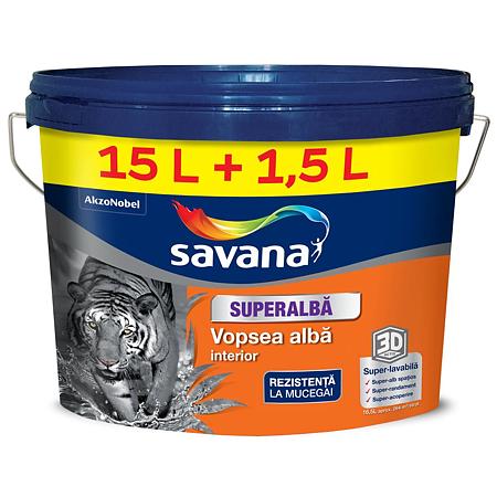 Vopsea superlavabila interior Savana 3D Activ, cu rezistenta la mucegai, alb, 15 l  + 1.5 l