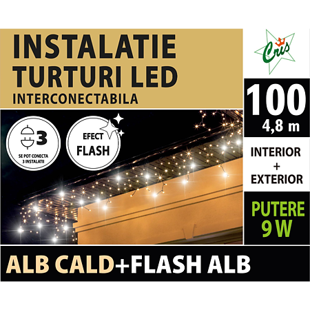 Instalatie decorativa Craciun, Cris, 100 LED-uri alb cald cu flash alb, 4.8 m, interior / exterior, alimentare la retea