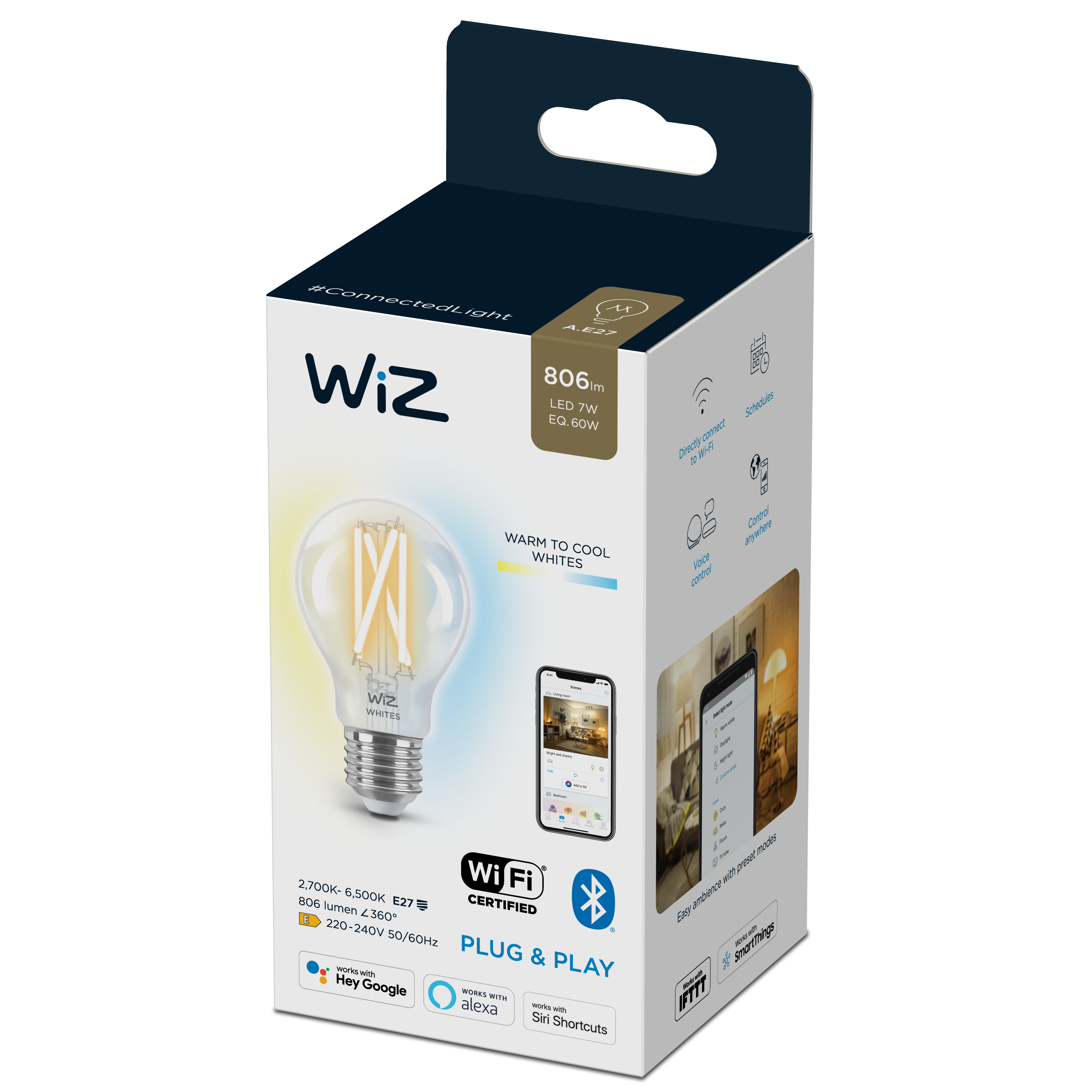 Bec LED, glob, E27, 60 W, 806 Im, 2700k-6500k,   cu WIFI Wiz Connected Light, inaltime 106 mm, diame