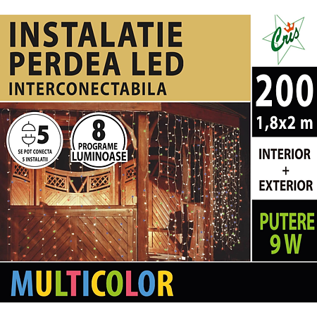 Instalatie decorativa Craciun tip perdea, Cris, 200 LED-uri multicolor, 1.8 x 2 m, interior / exterior, alimentare la retea