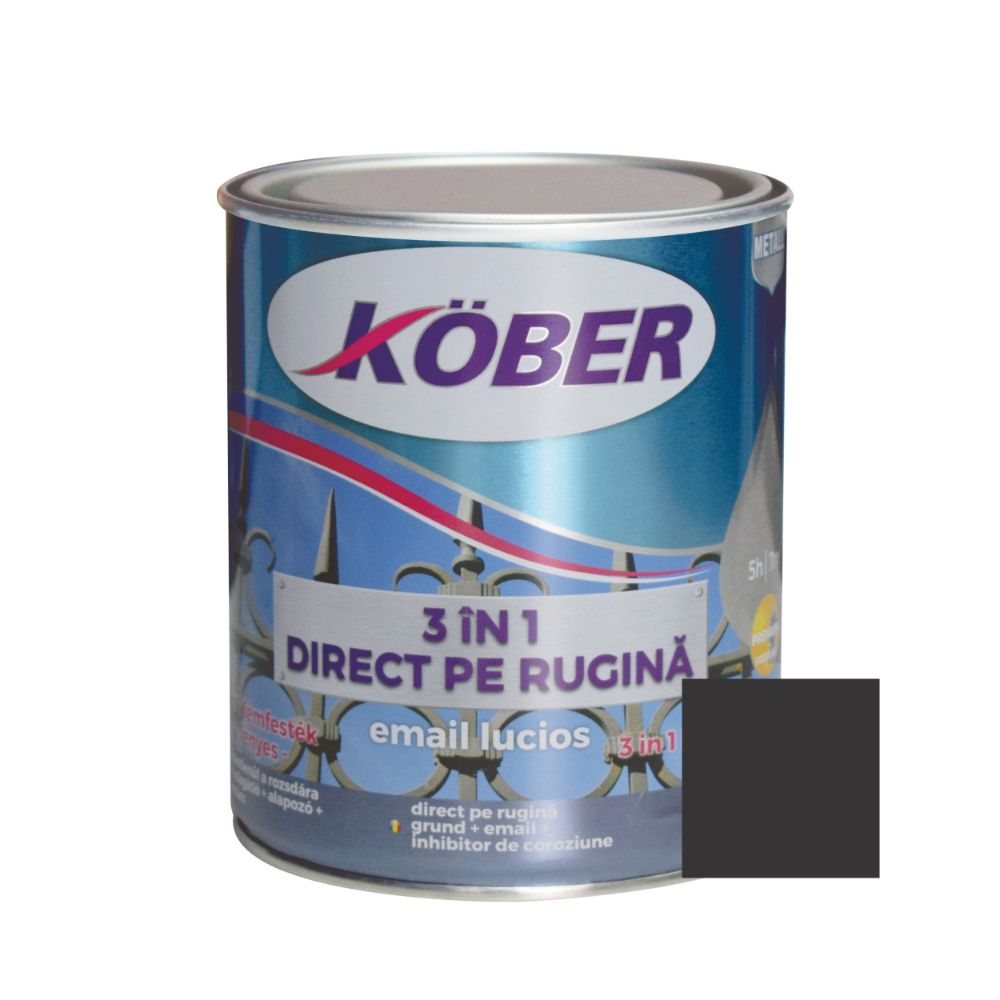 Vopsea alchidica/email pentru metal Kober 3 in 1, interior / exterior, negru, 0,75 L 075