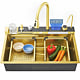 Chiuveta bucatarie multifunctionala smart BadenMob, 1 cuva, inox auriu, afisaj digital, doua cascade, spalator pahare, dozator detergent, baterie extensibila cu 3 functii, tocator, tava si sita inclusa, antizgarieturi, sistem preaplin, 75 x 45 x 22 cm