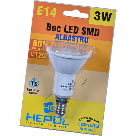 Bec LED Hepol, spot R50, E14, 3W, lumina albastra