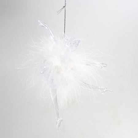 Decoratiune balerina transparenta, fusta cu pene albe, 15 cm