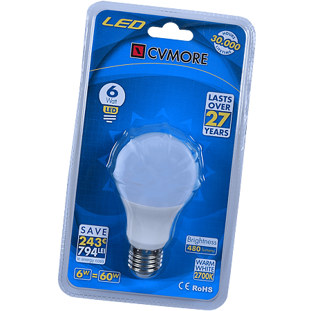 Bec LED global Cvmore, rotund, E27, 6W, 480 lm, lumina alba calda 2700K