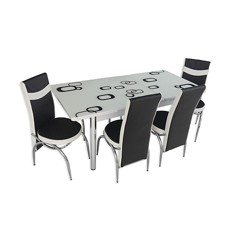 Set masa extensibila cu 4 scaune, PAL, blat sticla securizata, patrate negru alb, 169 x 80 cm