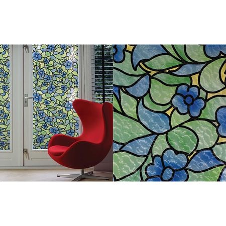 Folie autocolanta vitraliu 11-2255 din PVC, model floral, albastru-verde, 45 cm x 15 m Folie autocolanta vitraliu 11-2255 din PVC, model floral, albastru-verde, 45 cm x 15 m