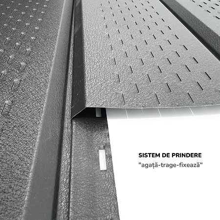 Lambriu metalic perforat Saturn, gri, RAL 7024, mat structurat, grosime 0.45 mm, 3 x 0.26 m