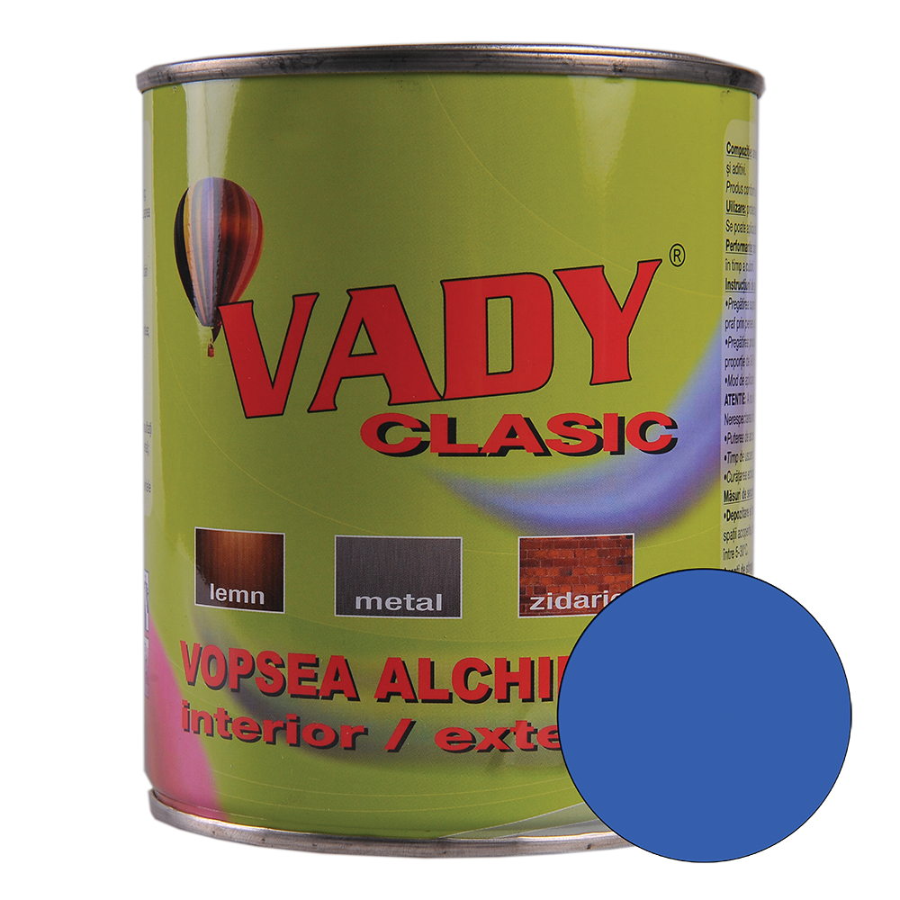 Vopsea alchidica Vady clasic, pentru lemn/metal/zidarie, interior/exterior, albastru, 0,6 l 06
