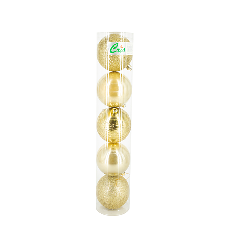 Set 5 globuri decorative de Craciun, plastic, auriu, 8 cm