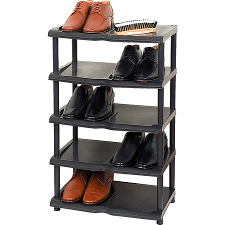 Raft din plastic pentru pantofi, negru, 5 nivele, 87 x 48 x 31 cm
