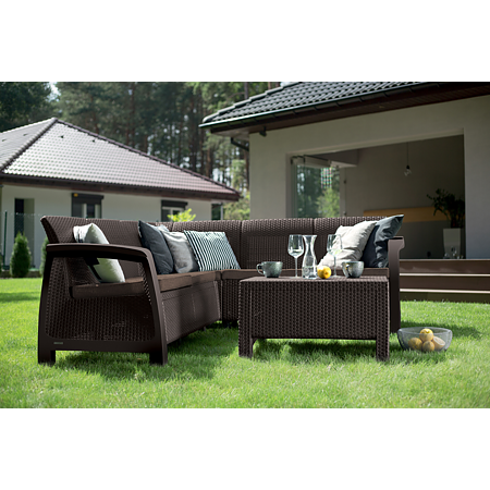 Set mobilier de gradina, 2 piese, coltar, Keter Bahamas Relax, plastic, canapea 182 x 182 x 79 cm, masa 77 x 57 x 42 cm, maro Set mobilier de gradina, 2 piese, coltar, Keter Bahamas Relax, plastic, canapea 182 x 182 x 79 cm, masa 77 x 57 x 42 cm, maro