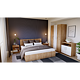 Dormitor modern Aurora, PAL melaminat, pat 2 persoane, dulap dressing, 2 noptiere, comoda tip dulap, stejar/ alb