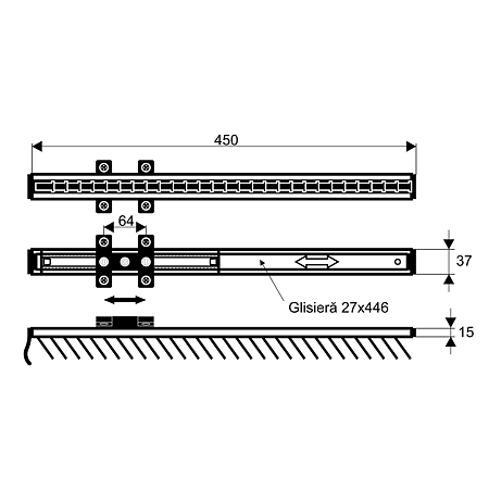 Suport pentru cravate cu glisiera cu bile, plastic negru mat, argintiu, 27 x 446 mm