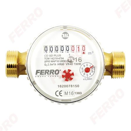 Contor pentru apa Ferro CDSD20ACPLUS, cu racorduri filetate 3/4 inch, DN 20 mm