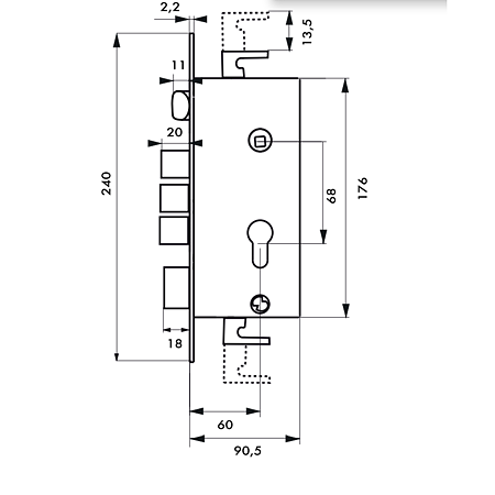 Broasca incastrata pentru usi metalice, reversibila, otel zincat, 60 x 67 mm