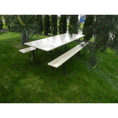Set masa pliabila si 2 banci Bucin Mob Standard, dreptunghiulare, lemn masiv rasinoase, natur, 2.2 x 0.5 m