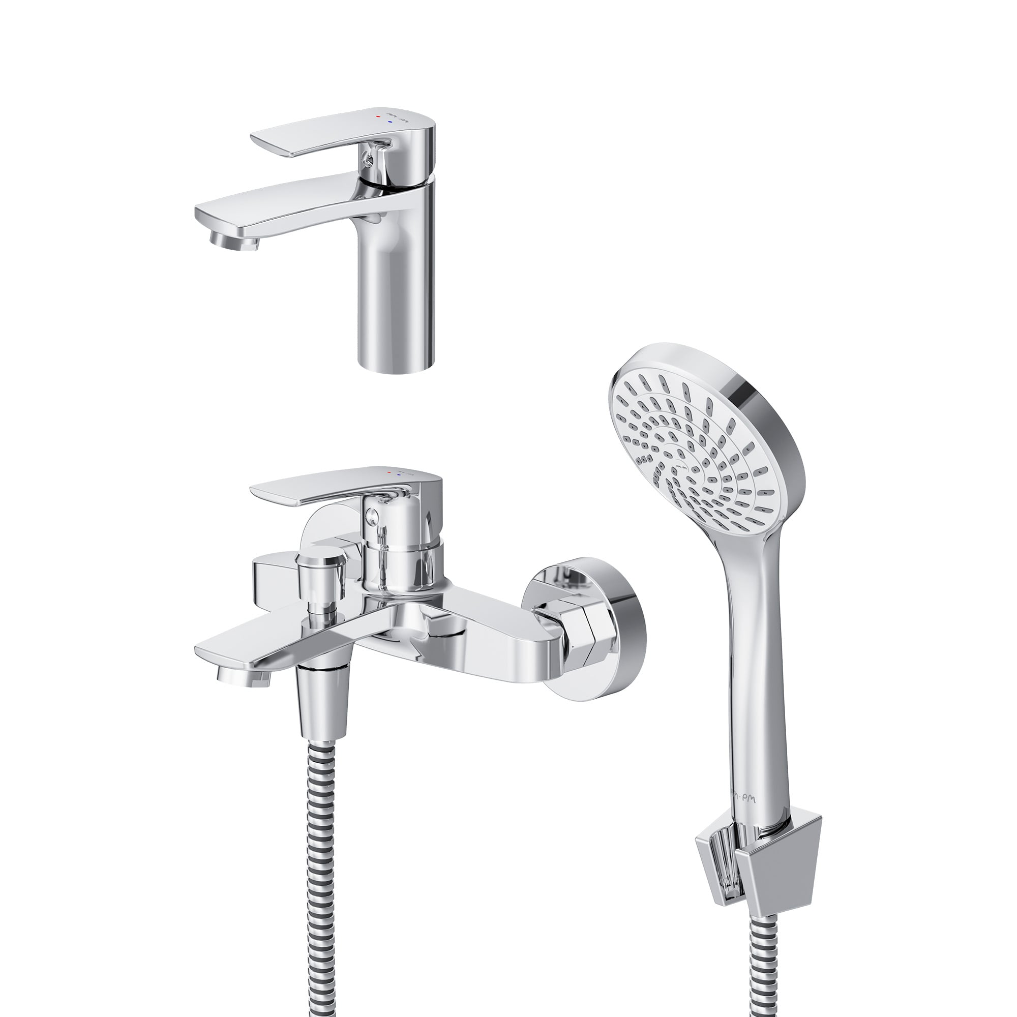Set 3 in 1 AM.PM Pride F4097C01, baterie monocomanda pentru lavoar + baterie pentru cada si dus + set de dus cu para si furtun de 150 cm si suport fiabil, finisaj cromat Everlast