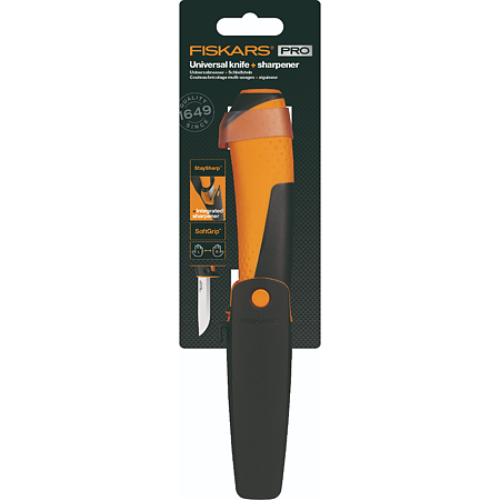 Cutit universal cu ascutitor Fiskars, lama otel, maner 3 componente, 87 mm Cutit universal cu ascutitor Fiskars, lama otel, maner 3 componente, 87 mm