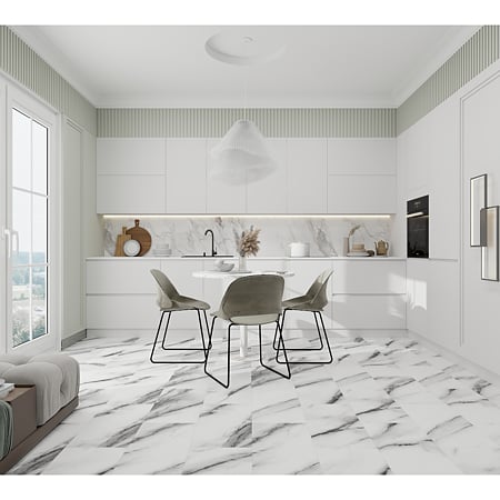 Pardoseala SPC 5 mm Korner SPeCtra Floor Bianco Marble 01F, clasa de trafic 34, rezistenta la apa, decor marmura, alb, 1205 x 606 mm