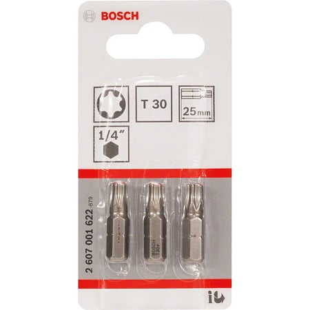 Set 3 biti Bosch T30 Extra Hard, otel S2, prindere 1/4", 25 mm