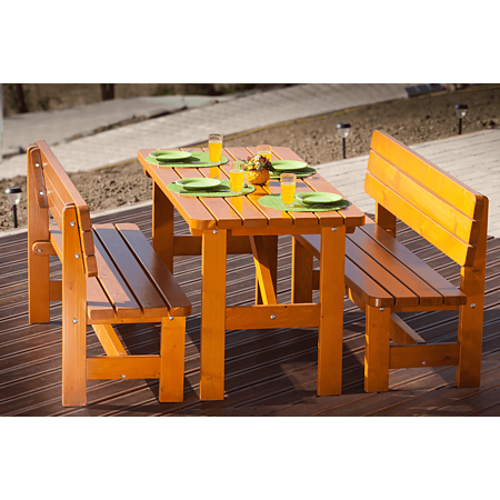 Set gradina masa si 2 banci Bucin Mob Robusto, dreptunghiulare, lemn masiv rasinoase, 1.5 x 0.7 m