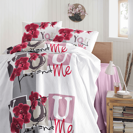 Lenjerie de pat Forever Pembe Pike Miss Mina, 2 persoane, bumbac, 4 piese, imprimeu rosu + alb