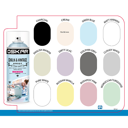 Vopsea spray pentru lemn / metal chalk & vintage efect Oskar, cream, mat, interior/exterior, 400 ml Vopsea spray pentru lemn / metal chalk & vintage efect Oskar, cream, mat, interior/exterior, 400 ml