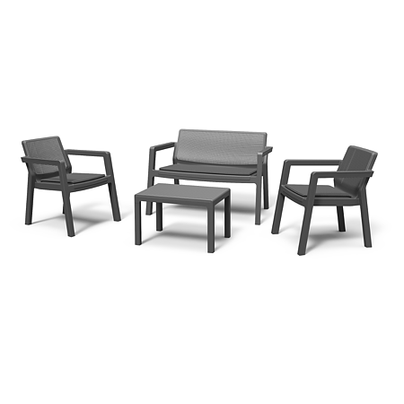 Set mobilier de gradina/balcon, 4 piese, Keter Emily, plastic, 2 scaune 68 x 64 x 75cm, canapea 111 x 68 x 75 cm, masa 65 x 47 x 42cm, gri antracit